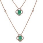 Rose Gold Diamond Necklace with Dual Emerald Pendants