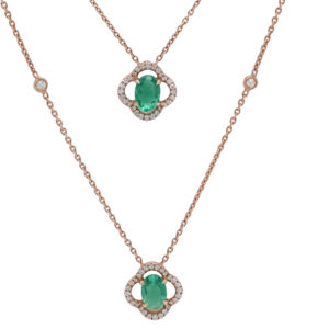 Rose Gold Diamond Necklace with Dual Emerald Pendants