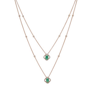 Rose Gold Diamond Necklace with Dual Emerald Pendants