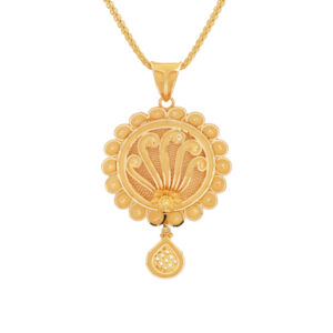Traditional Gold Pendant with Floral Filigree and Hanging Drop Charm