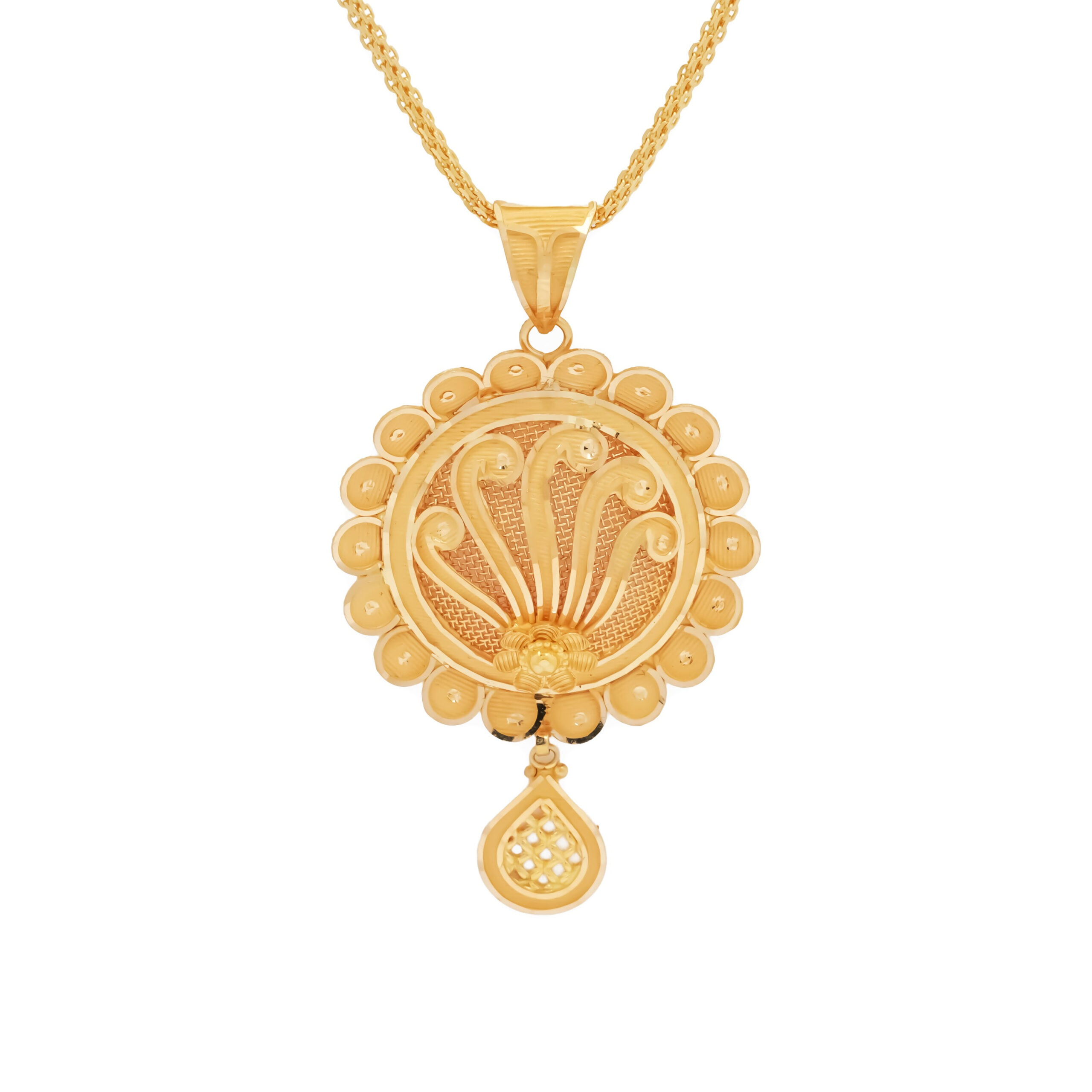 Traditional Gold Pendant with Floral Filigree and Hanging Drop Charm Traditional Gold Pendant with Floral Filigree and Hanging Drop Charm