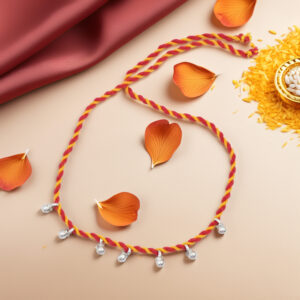 Traditional Beaded Mauli Anklet with Silver Droplets