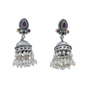 Traditional Silver Jhumka Earrings with Pearl Droplets