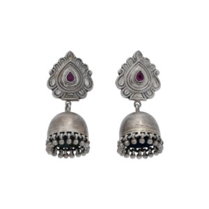 Antique Silver Jhumka Earrings with Ruby Red Stone Detail