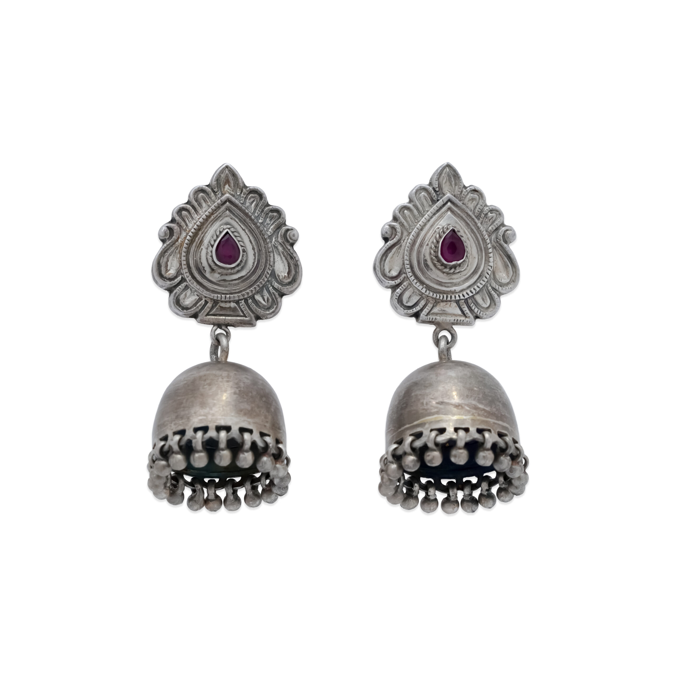 Antique Silver Jhumka Earrings with Ruby Red Stone Detail Antique Silver Jhumka Earrings with Ruby Red Stone Detail