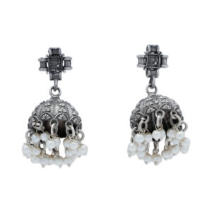 Oxidized Silver Dome Jhumka Earrings with Pearl Beads