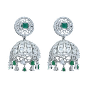 Silver-Plated Jhumka Earrings with Emerald Green