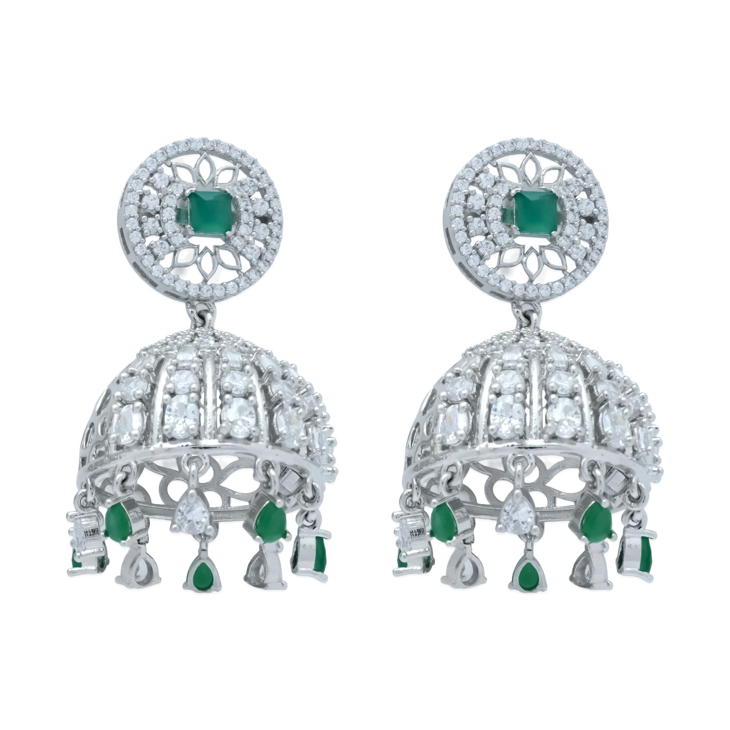 Silver-Plated Jhumka Earrings with Emerald Green