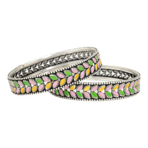 Elegant Handcrafted Silver Bangles with Enamel Leaf Design