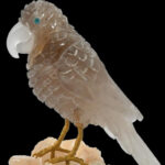 Smoky Quartz Parrot on Peach Crystal Cluster