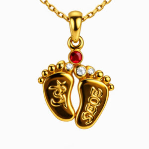 Golden Footprint Pendant with Red and White Stones"
